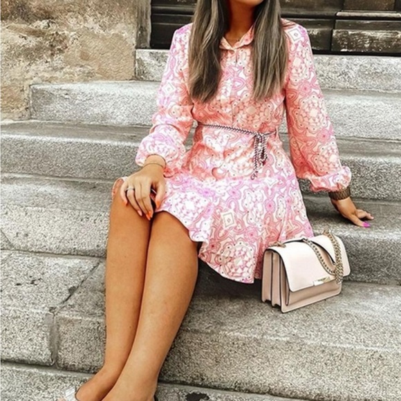 Pink Belted Button Front Long Sleeve Flared Short Dress - Picture 15 of 16